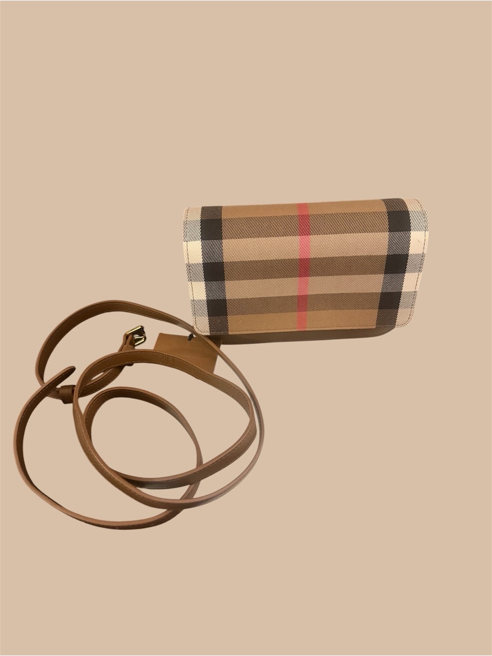 Burberry Tan Nova Check Compact Crossbody Wallet with Red Accent